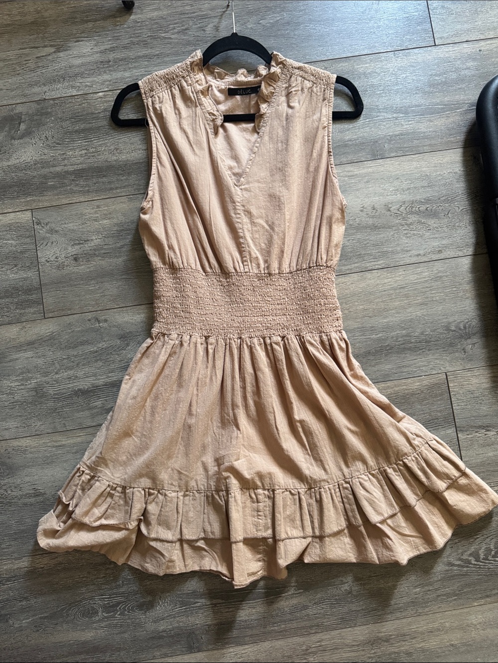 Deluc Beige Smocked-Waist Ruffle Mini Dress